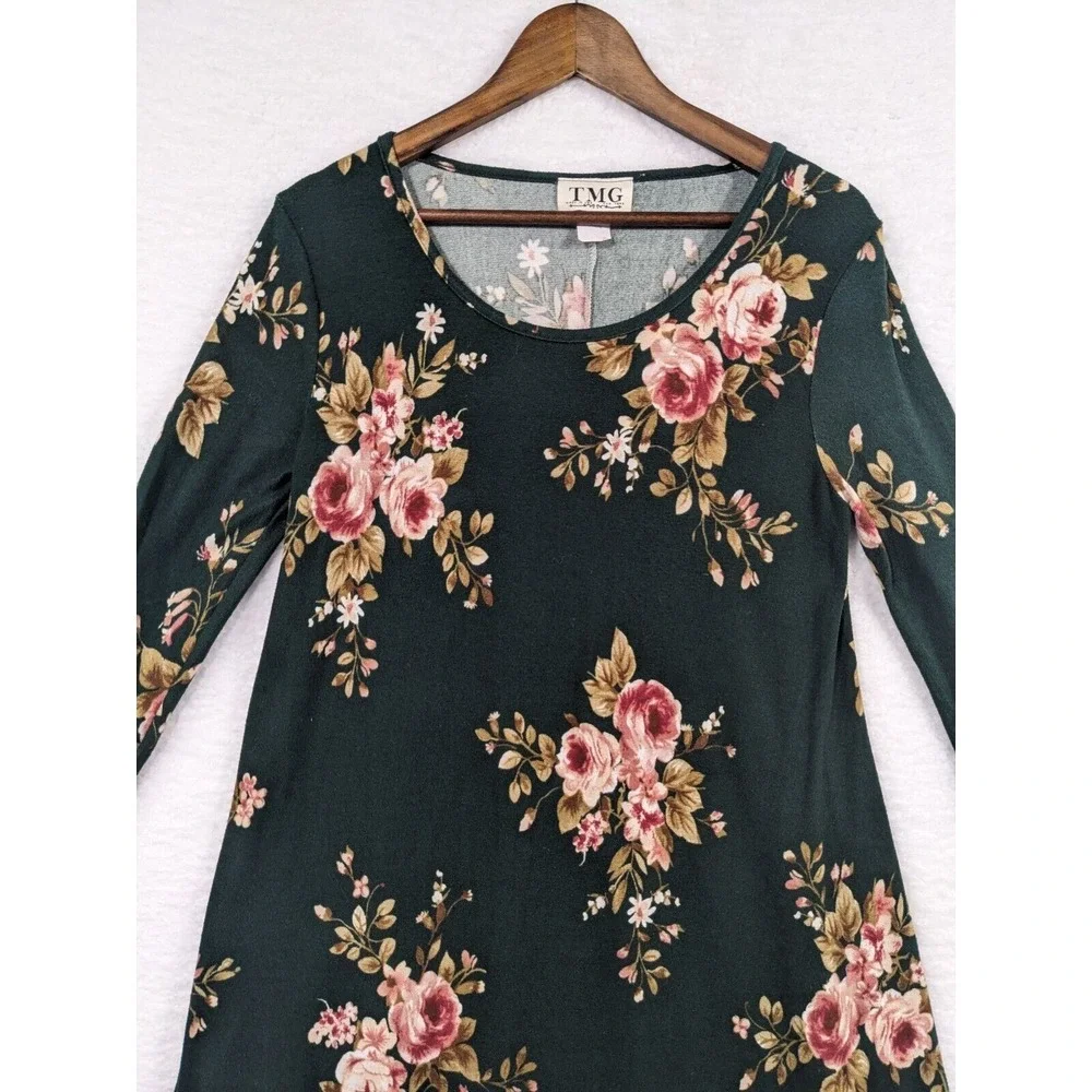 TMG Womens Pullover Long Sleeve Mini Dress‎ Black Floral L Made In USA